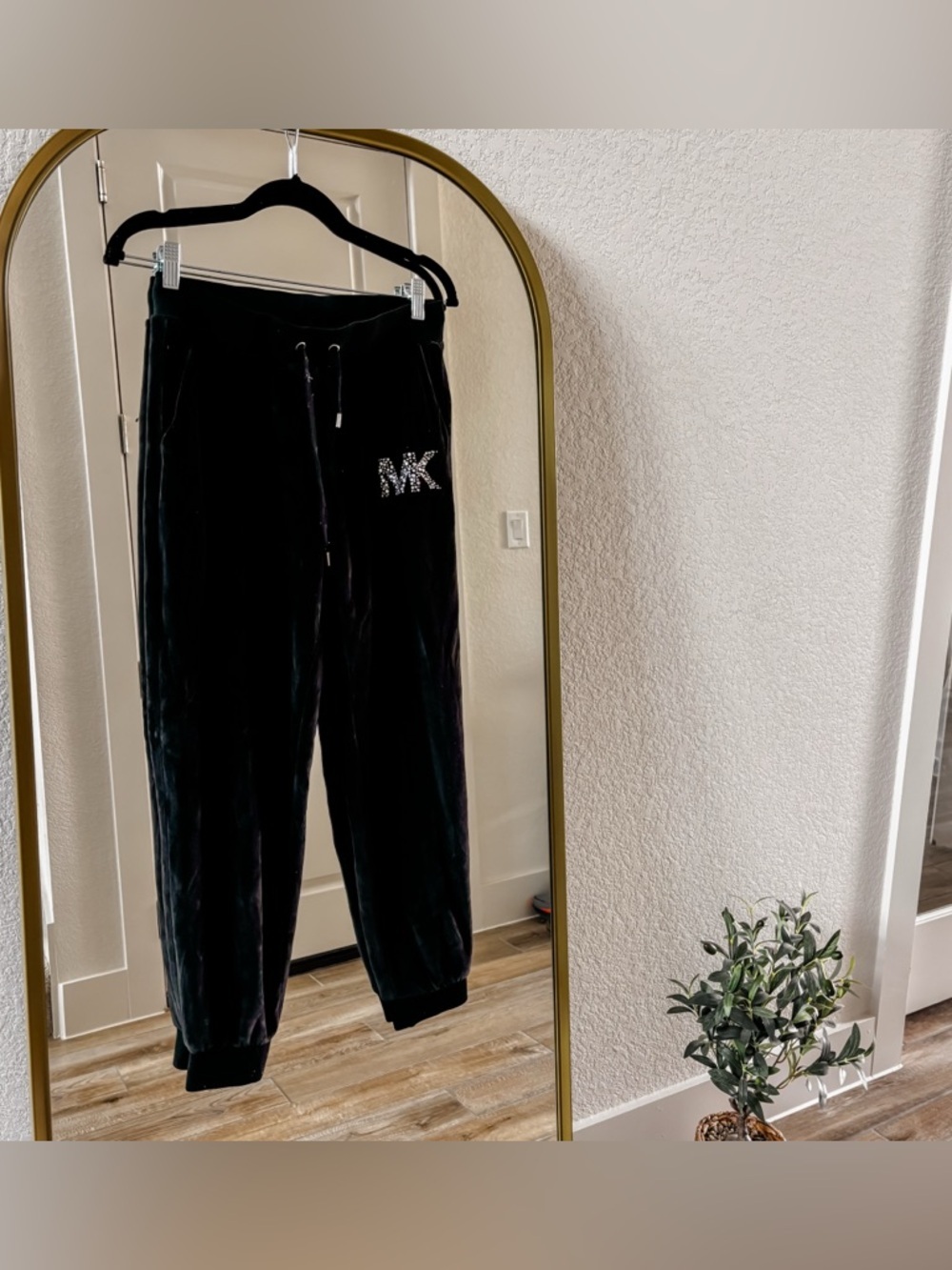 MICHAEL KORS 
Embellished Logo Velour Joggers size small